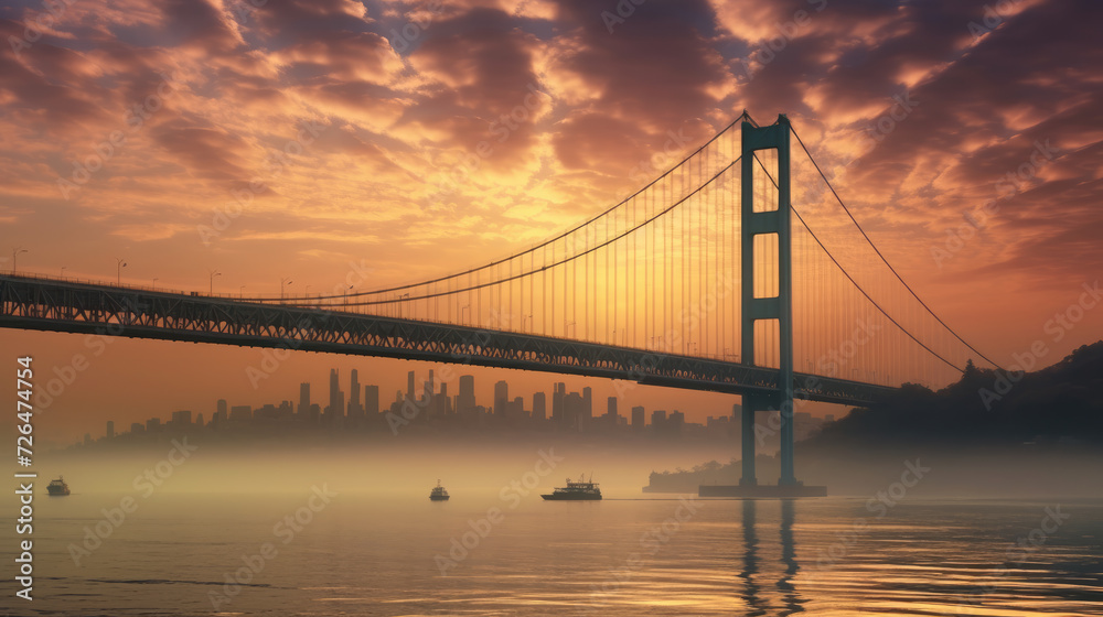 Bosphorus Bridge Connecting Two Continents at Sunset in Istanbul - Generative AI