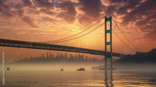 Bosphorus Bridge Connecting Two Continents at Sunset in Istanbul - Generative AI © Zeynep