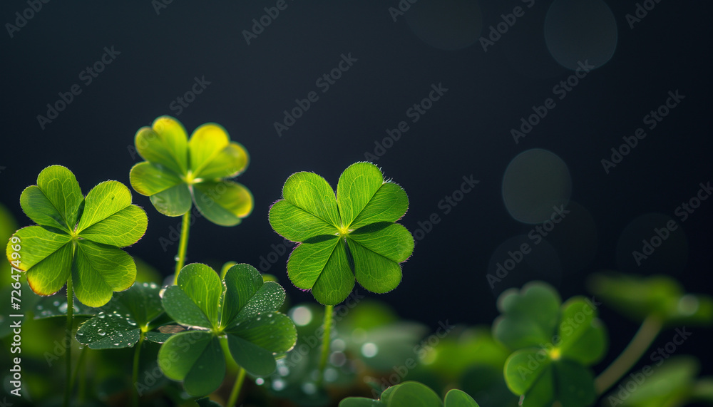 4 leaf clovers on top of a black background, with bokeh. Saint Patrick's image