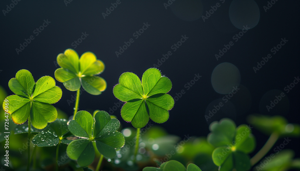 4 leaf clovers on top of a black background, with bokeh. Saint Patrick's image 4 leaf clovers on top of a black background, with bokeh. Saint Patrick's image