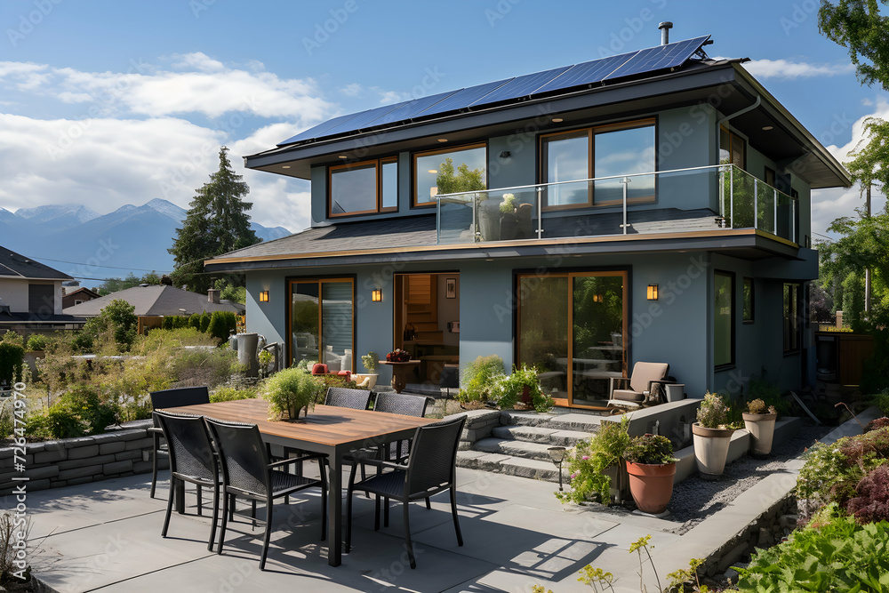 Modern house with solar panels on roof and terrace. Northwest, USA