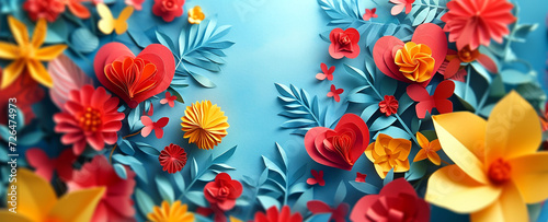 Bright red, yellow and blue floral paper cut setting with flowers and red hearts. Artistic Valentine’s day concept background or wallpaper design. photo
