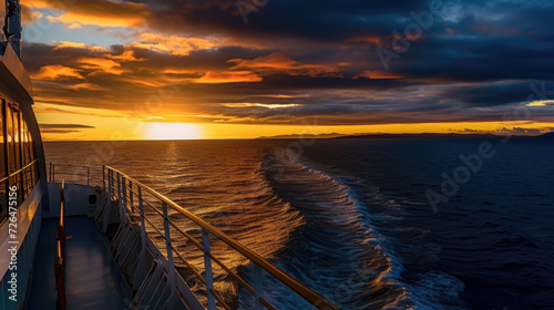 Sunset View of Calm Sea Taken From the Deck of a Ship - Generative AI