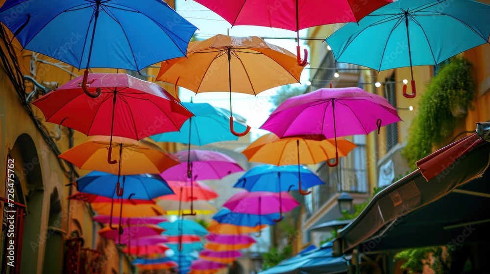 Pedestrian street with colorful multi-colored umbrellas as decoration and protection from the bright sun at noon