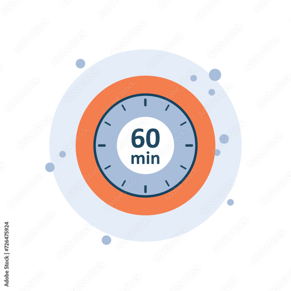 Fototapeta premium Cartoon clock icon vector illustration. 60 min timer on bubbles background. Countdown sign concept.