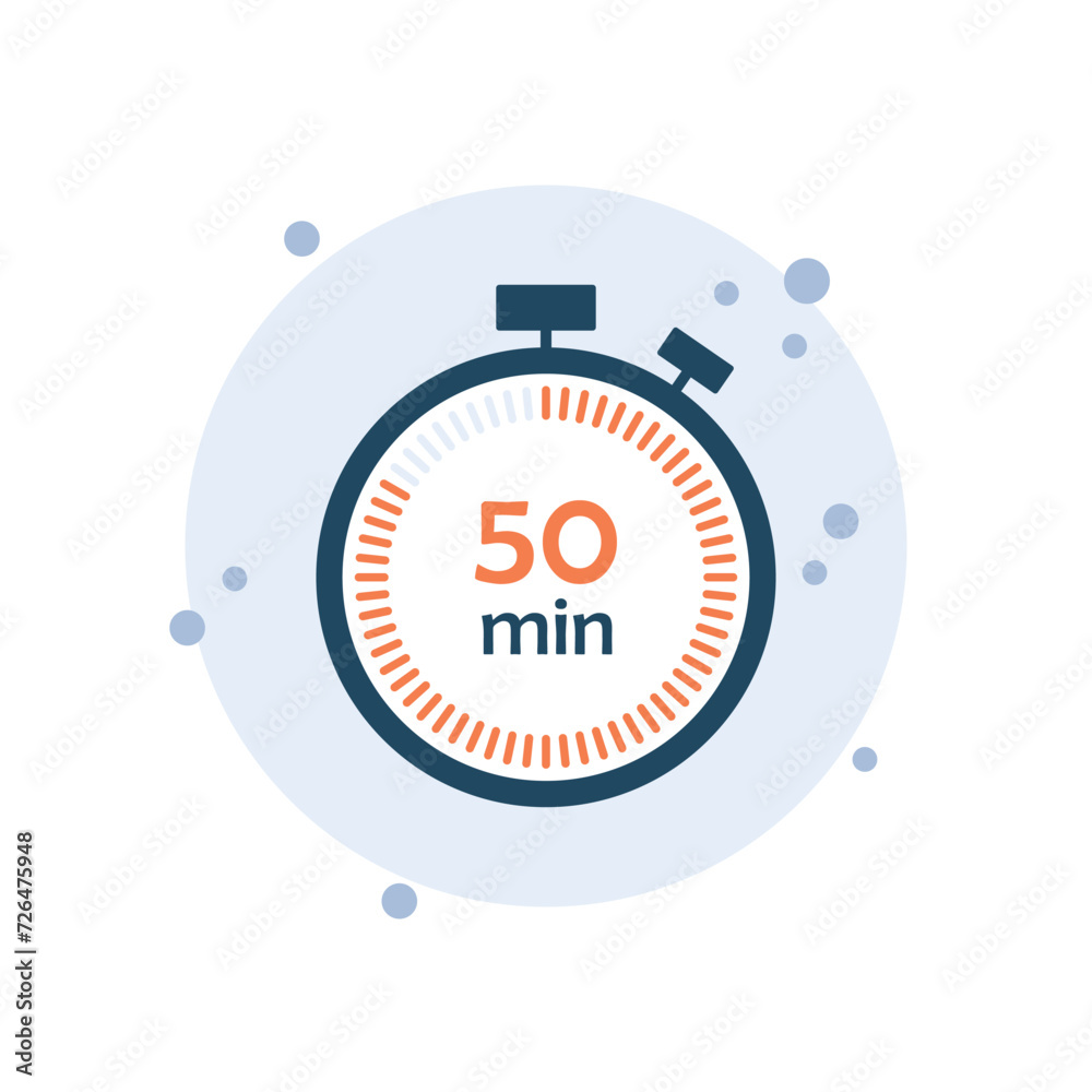 Cartoon clock icon vector illustration. 50 min timer on bubbles background. Chronometer sign concept. Cartoon clock icon vector illustration. 50 min timer on bubbles background. Chronometer sign concept.