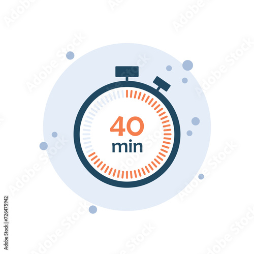 Cartoon clock icon vector illustration. 40 min timer on bubbles background. Chronometer sign concept.