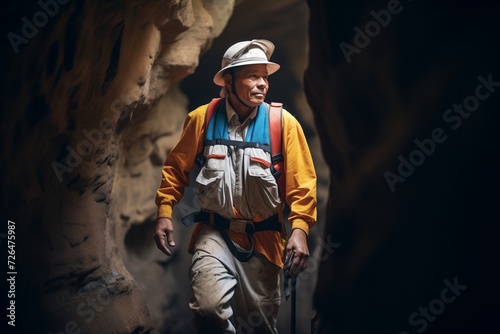 a speleologist exploring a nostrilshaped cave entrance photo