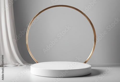 Round geometric platform podium stand for cosmetics product presentation on smooth elegant white tra photo