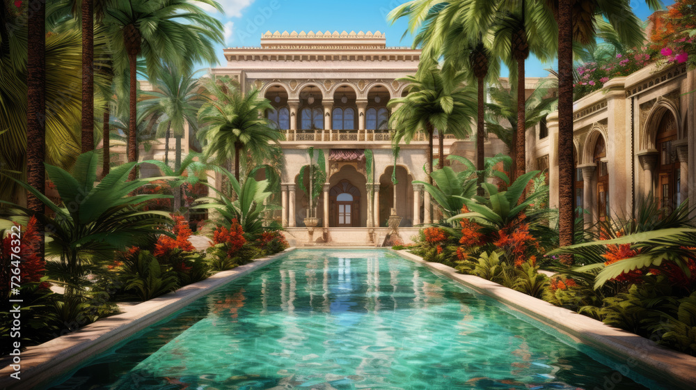 Luxury Building with Pool Among Palm Trees - Generative AI