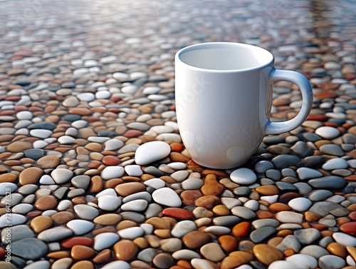 White Ceramic Mug Amidst a Sea of Pebbles - Generative AI