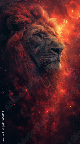 Lion in an abstract space with celestial bodies