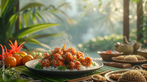 Tropical Feast on Jungle Table, delicious tropical feast laid out on a bamboo table set against the lush backdrop of a misty jungle, inviting a sense of exotic dining adventure photo