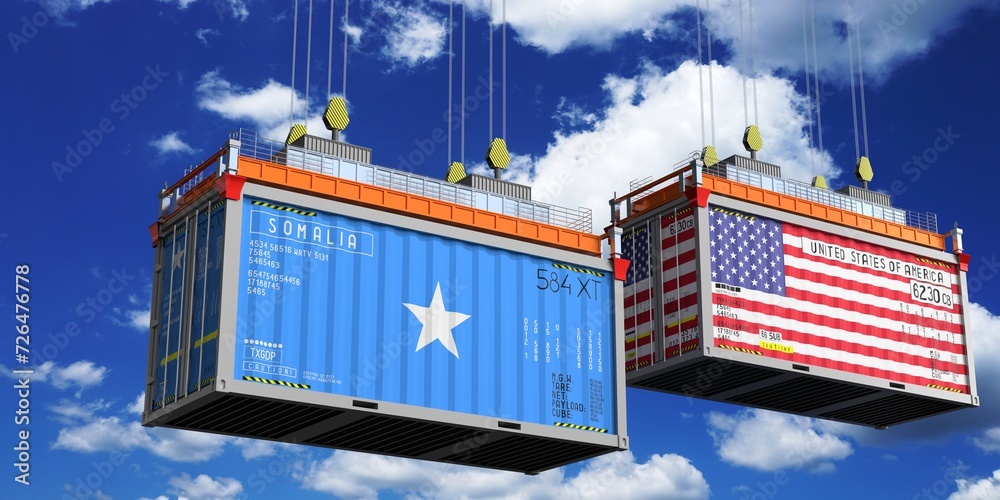 Shipping containers with flags of Somalia and USA - 3D illustration