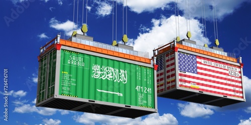 Shipping containers with flags of Saudi Arabia and USA - 3D illustration