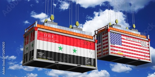 Shipping containers with flags of Syria and USA - 3D illustration