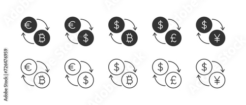 Currency exchange outline icon set. Dollar, euro, bitcoin, pound, yen. Money symbol, financial crisis. Simple vector illustration.