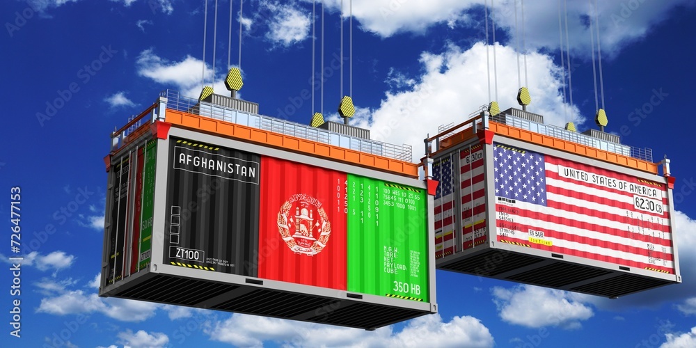 Shipping containers with flags of Afghanistan and USA - 3D illustration