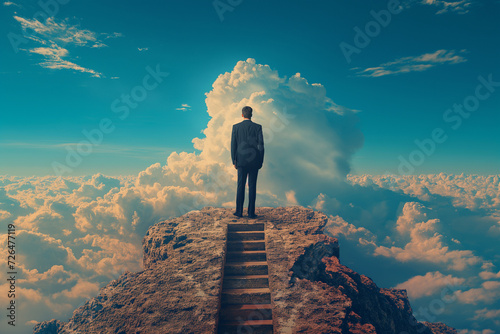person standing on top of the mountain ,businessman find a key,business solution concept,stair,sky