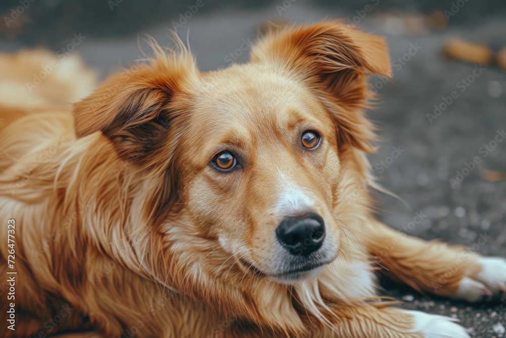 A close-up photo of a dog laying on the ground. Suitable for various uses A close-up photo of a dog laying on the ground. Suitable for various uses