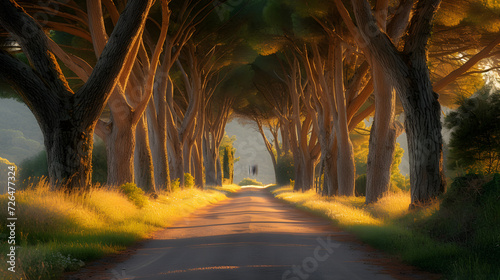 A cypress-lined road, with the iconic trees framing the scene, during a tranquil spring evening