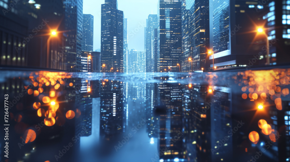 3D Rendering of modern skyscraper buildings in large city at night with reflection on wet puddle street after raining. 