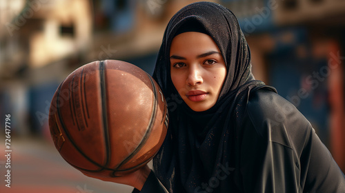 A Muslim young woman in a hijab with a basketball. Portrait of an Islamic woman doing sports in close-up. Photorealistic background with bokeh effect.  © Mariia Mazaeva