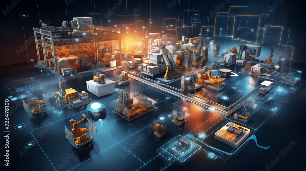 Digital Optics Network in Blue Circuitry, Integration of connected devices to optimize production, maintenance, inventory Digital Optics Network in Blue Circuitry, Integration of connected devices to optimize production, maintenance, inventory