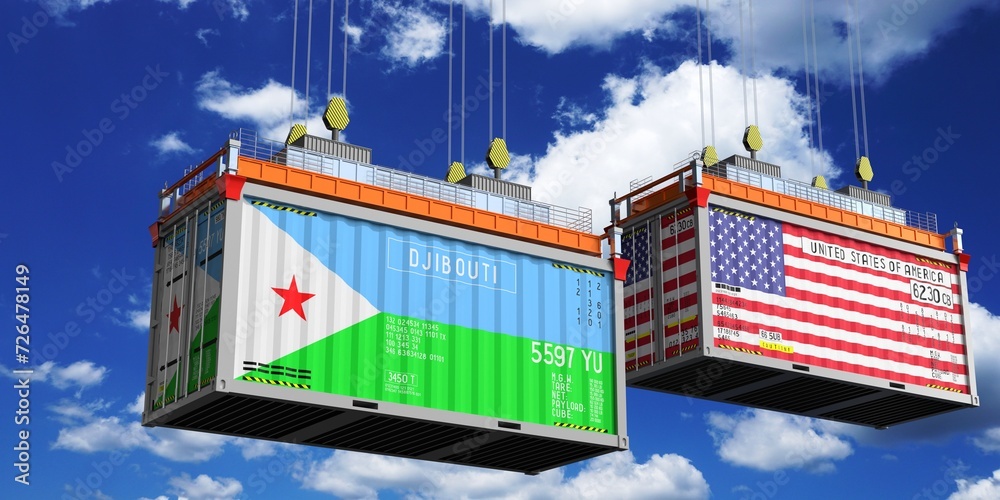 Shipping containers with flags of Djibouti and USA - 3D illustration