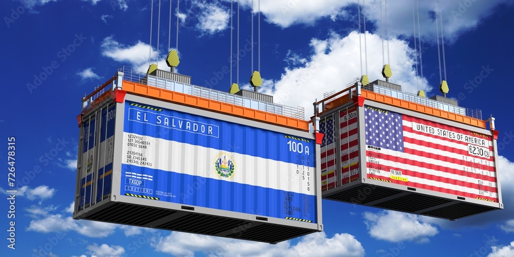 Shipping containers with flags of El Salvador and USA - 3D illustration