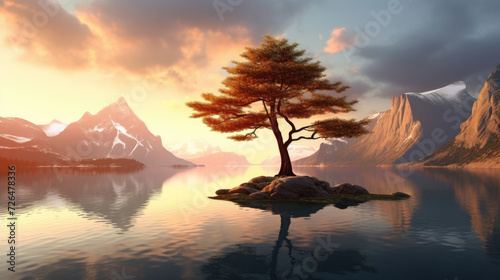Sunset Over a Lake with a Tree on a Rock - Generative AI