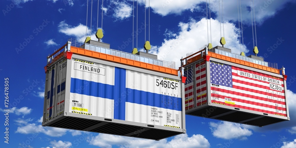 Shipping containers with flags of Finland and USA - 3D illustration