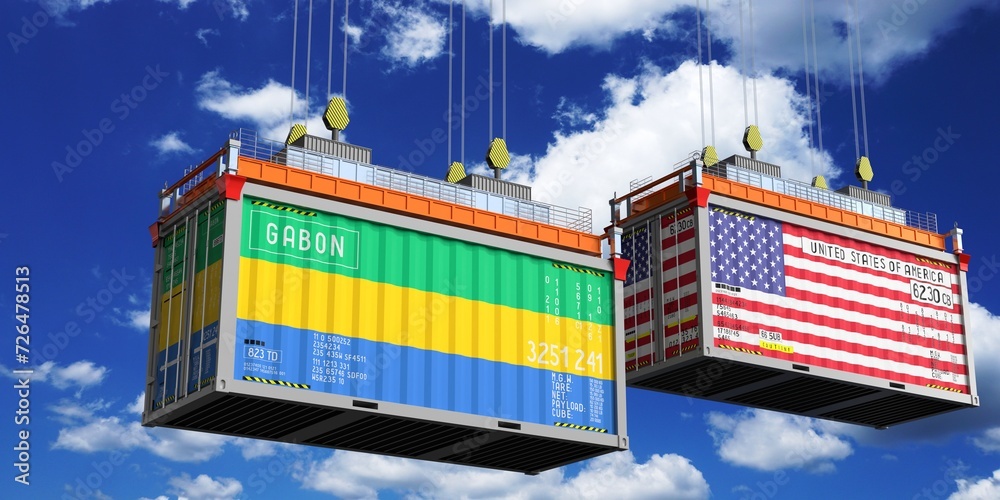 Shipping containers with flags of Gabon and USA - 3D illustration