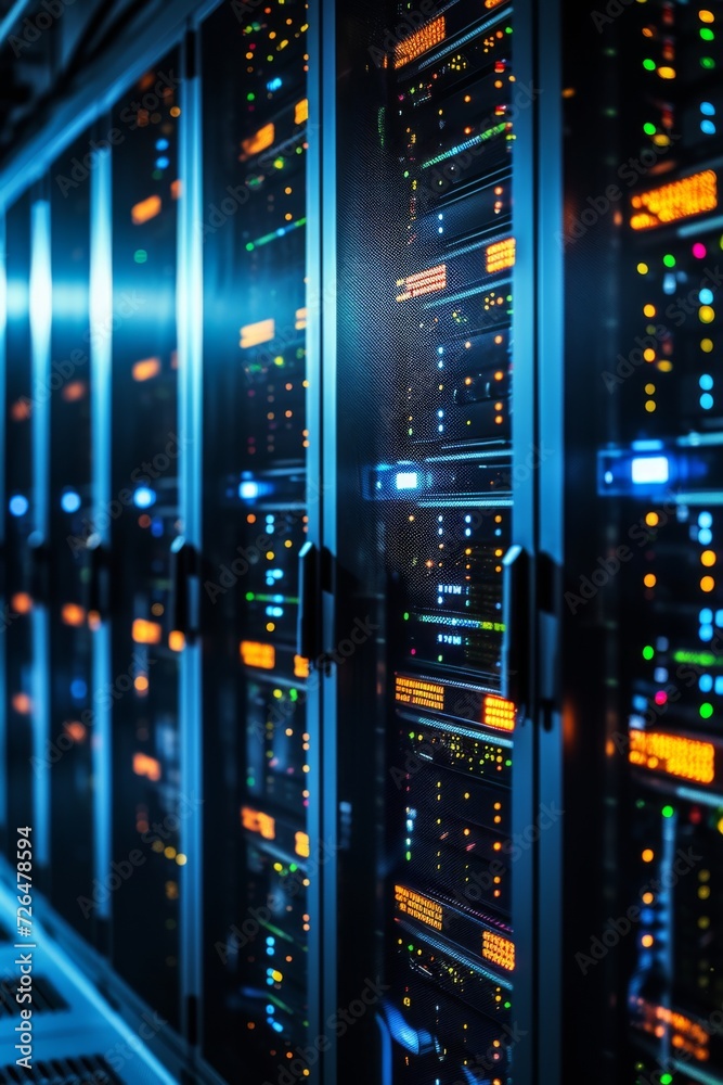 Panoramic view of a server room with rows of processors and digital screens displaying cryptocurrency algorithms, representing the power and complexity of blockchain technology. Panoramic view of a server room with rows of processors and digital screens displaying cryptocurrency algorithms, representing the power and complexity of blockchain technology.