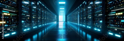 Panoramic view of a server room with rows of processors and digital screens displaying cryptocurrency algorithms, representing the power and complexity of blockchain technology.