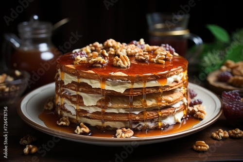 Eight -layer whole honey cake fearvik russian cake with walnuts and honey covered , generative IA