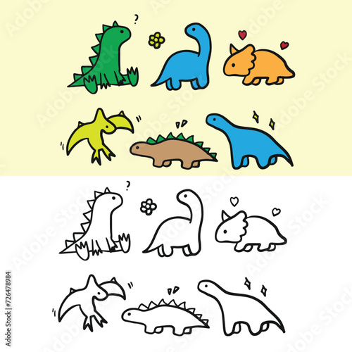 Cute Dinosaur Doodle set, tirex, rhinocheros, brontosaurus, pteranodon, animal vector illustration