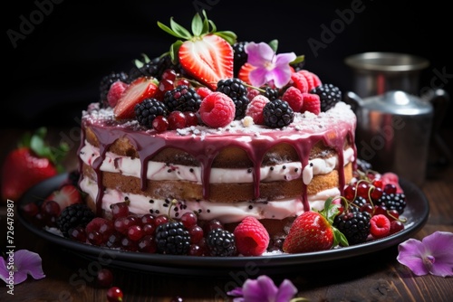 Strawberry cake decorated with wild fruits strawberry and blackberry, generative IA