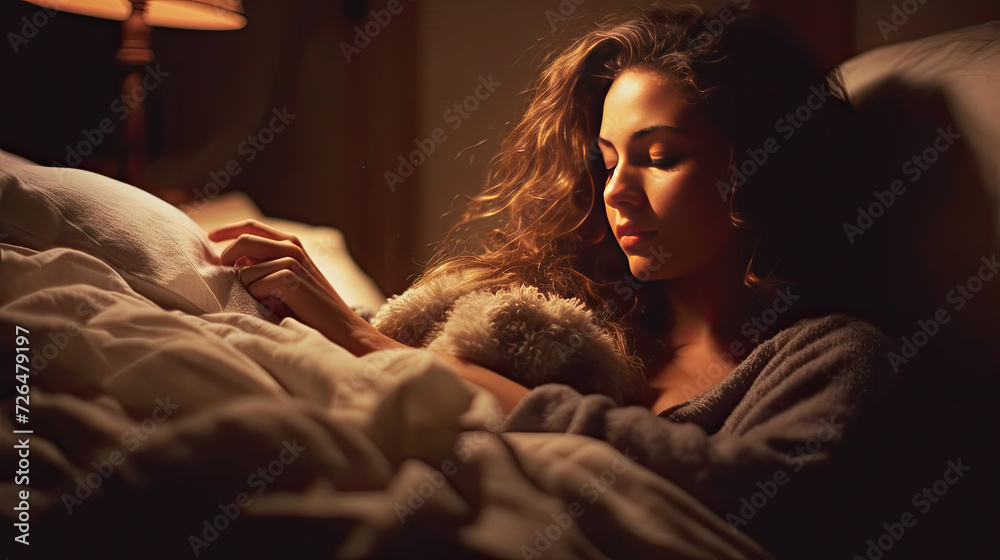 Auburn Woman Falling Asleep in a Bed Under Warm Light - Generative AI Auburn Woman Falling Asleep in a Bed Under Warm Light - Generative AI