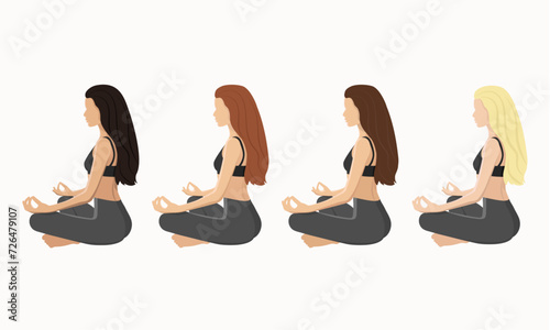Young woman is doing Yoga. Blonde, brunette, redhead and brown-haired character in Faceless style.        Vector illustration.