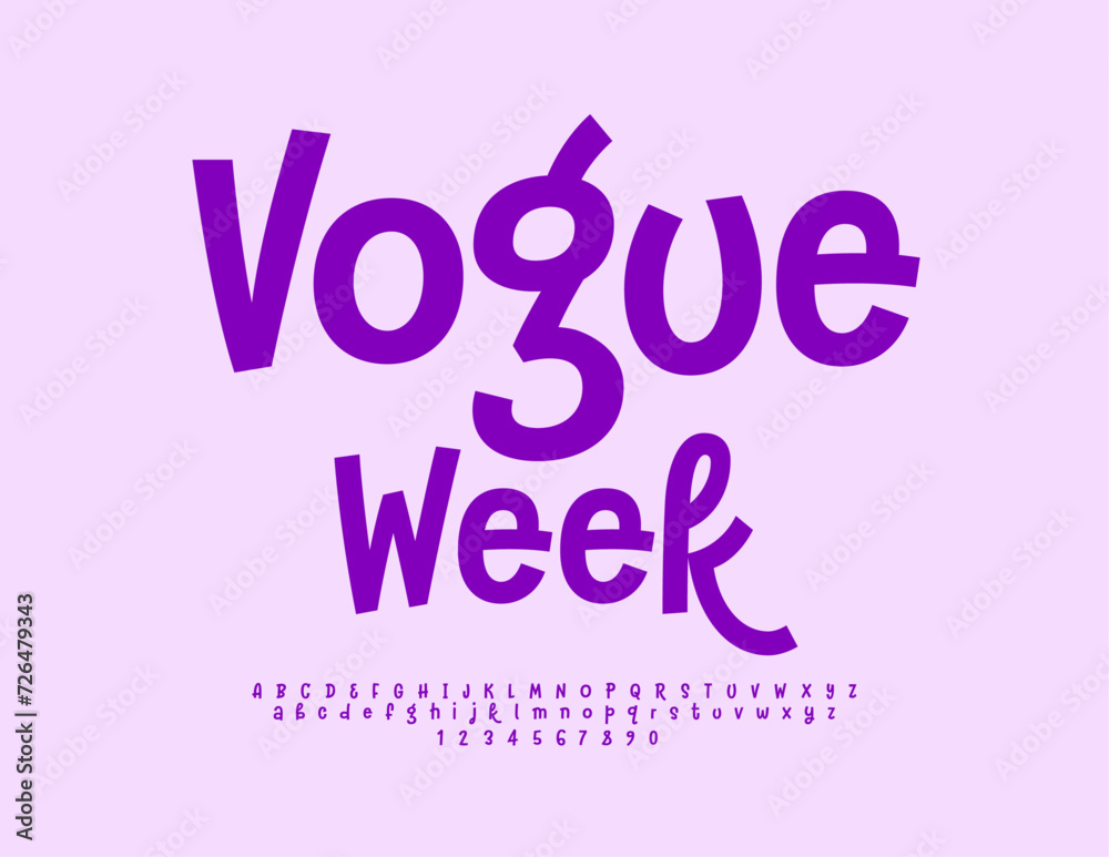 Vector trendy Emblem Vogue Week. Elegant Violet Font. Artistic Alphabet Letters and Number set.