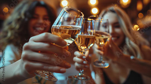 Glass of champagne, Happy friends clinking glasses for smiling and toasting wine in Italian cocktail bar restaurant - Young and old people enjoying appetizer before dinner, Focus on wineglasses banner