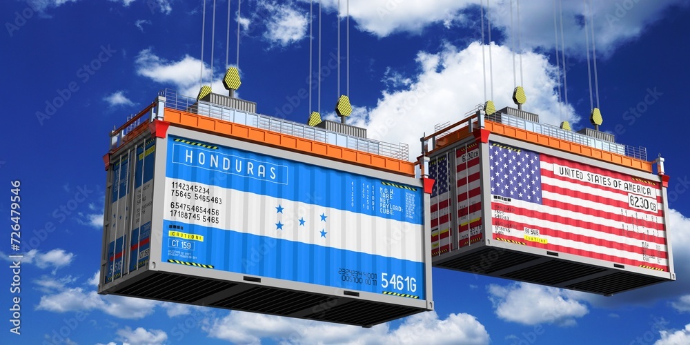Shipping containers with flags of Honduras and USA - 3D illustration