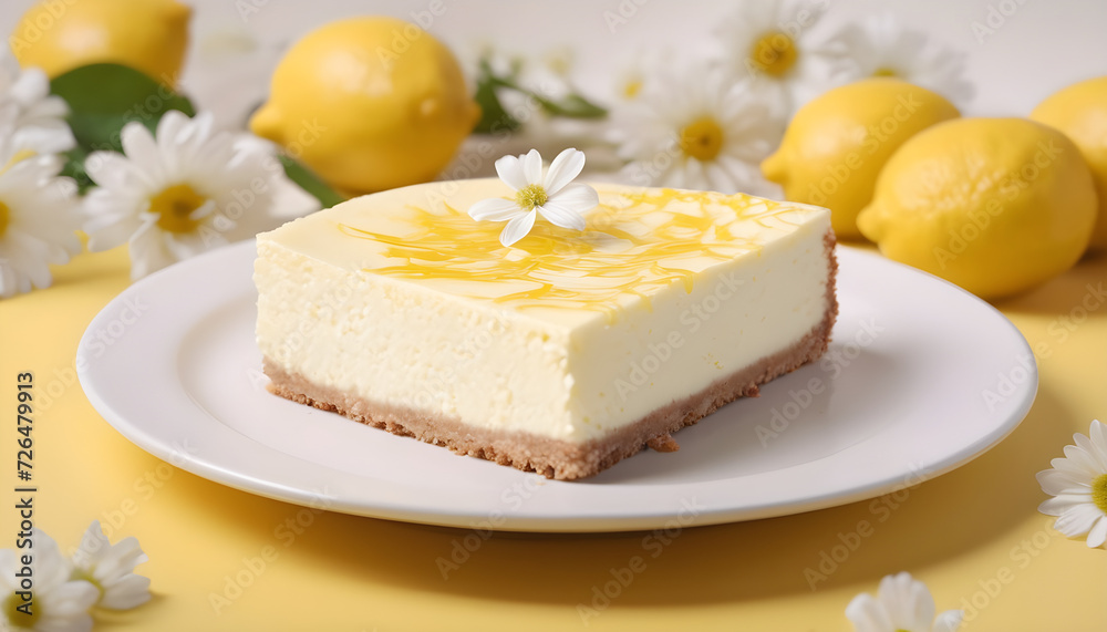 Lemon Cheesecake with cream, yellow background, white daisy flowers Lemon Cheesecake with cream, yellow background, white daisy flowers