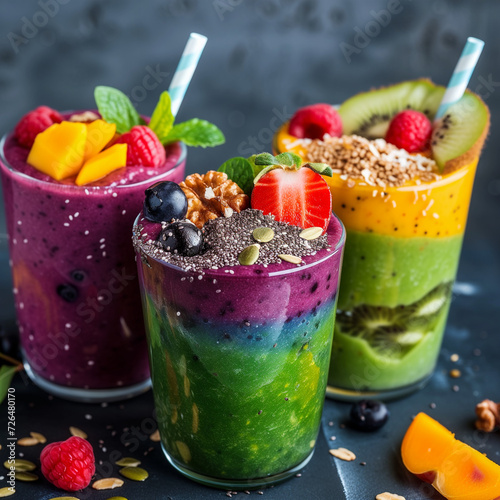 colourful smoothies made with superfoods like acai berries, chia seeds, spirulina, garnished with fresh fruit & nuts