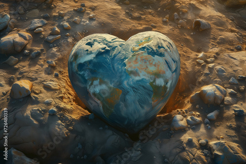 Heart shaped planet earth on the empty scorched earth, ecology, environment topic