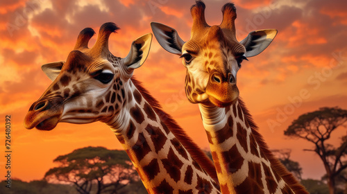 Two Giraffes in the Wild at Sunset - Generative AI