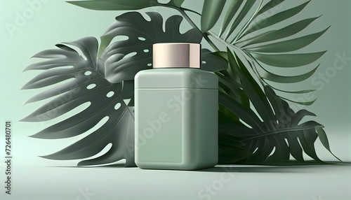 Minimal cosmetic background for product presentation. Cosmetic bottle podium and green palm leaf on grey color background. 3d render illustration. Generative AI.
