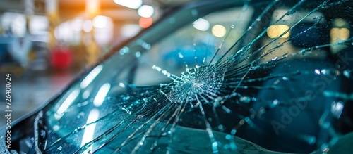Car windscreen damaged at auto service station garage, selective focus.