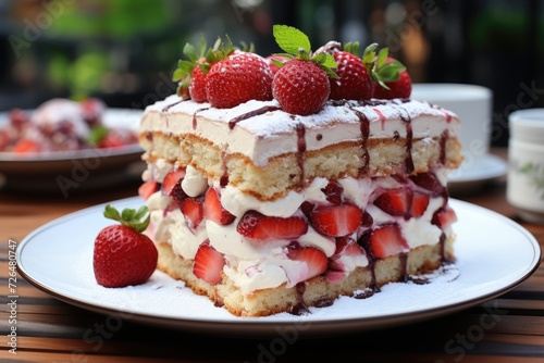 Closeup Shot of a piece of delicious strawberry cake on a plate  generative IA